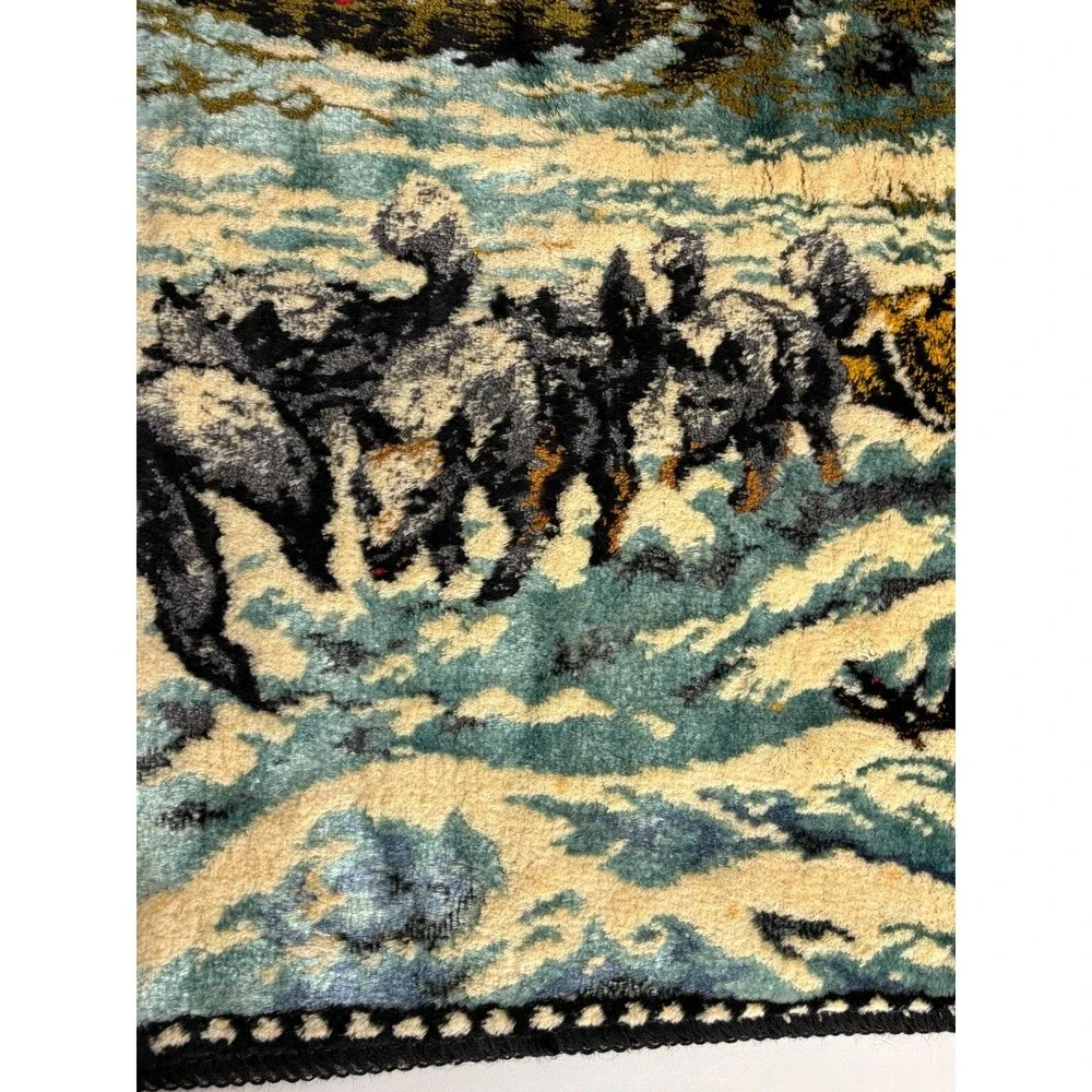 Vintage‎ Rug Italian Woven Plush Velvet Alaskan Husky Tapestry Dogsled Clean
